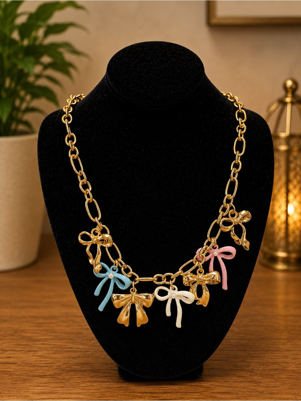 Gold Chain Necklace with Blue, Pink & White Bow Charms